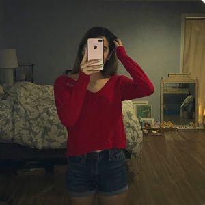 Red Hollister Pullover V Neck Off the Shoulder